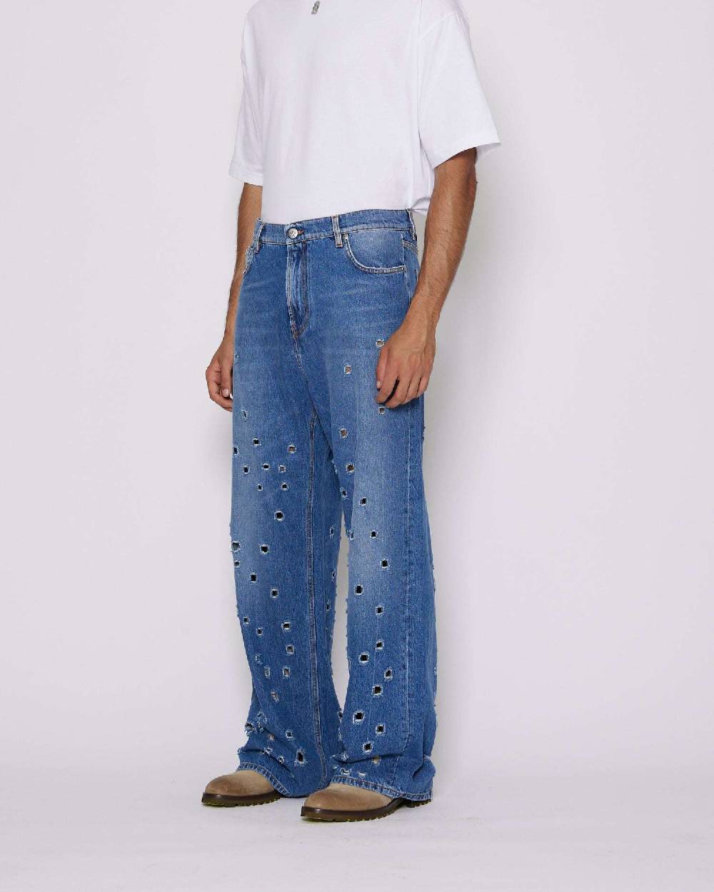 John Richmond Jeans gamba larga con fori metallici sul davanti Pezzi Unici