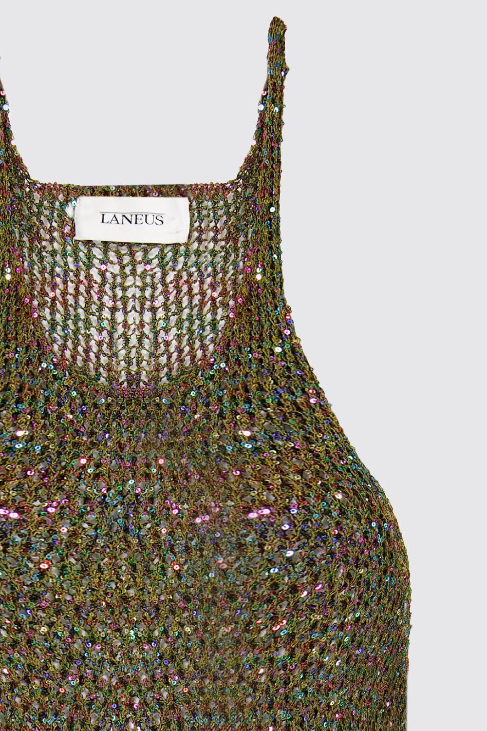Laneus Lanues canotta in mesh military green con mini paillettes multicolor Fino Al -60%