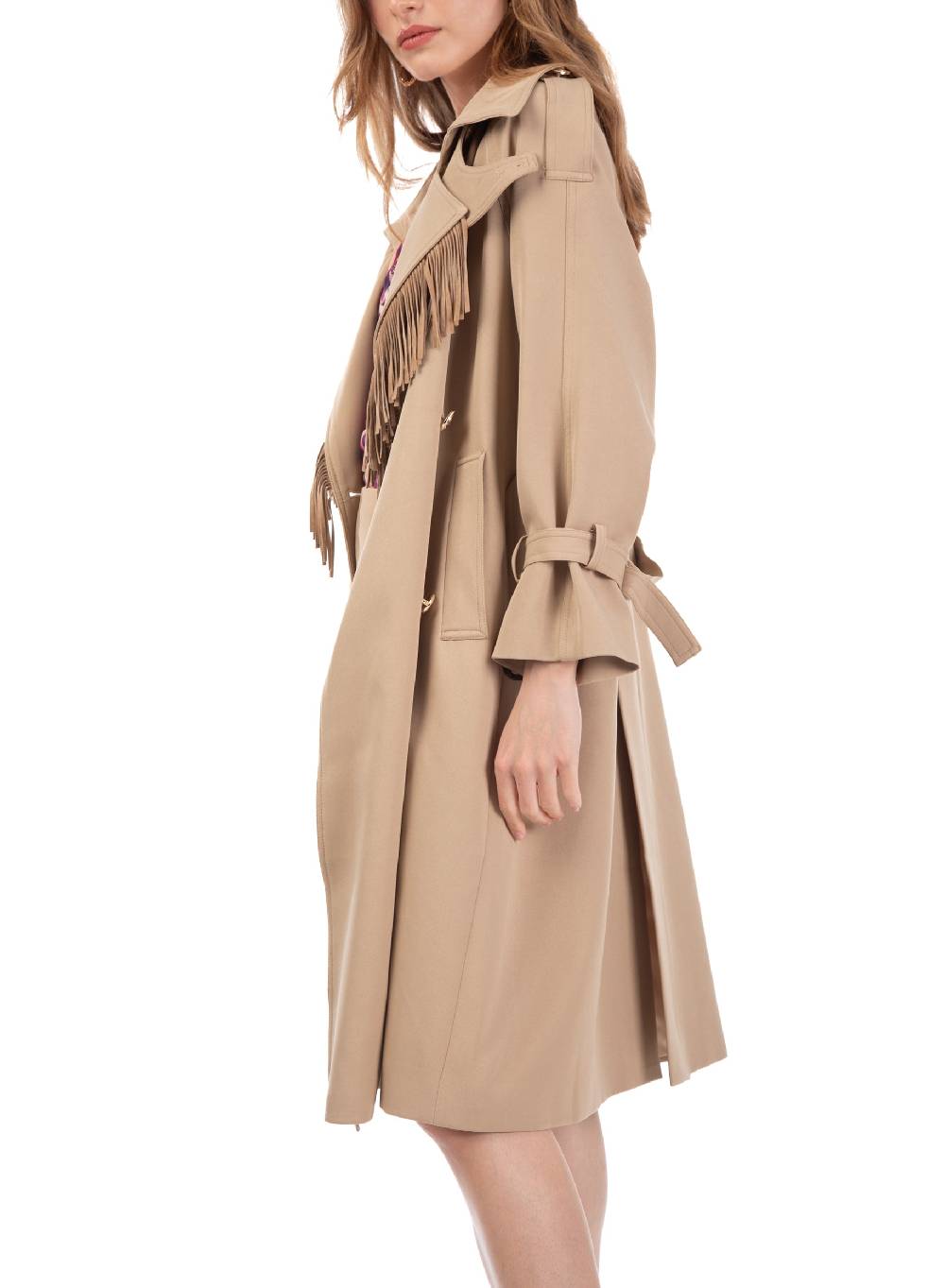 ﻿Le Volière Trench beige con frange in suede Spedizione Gratuita