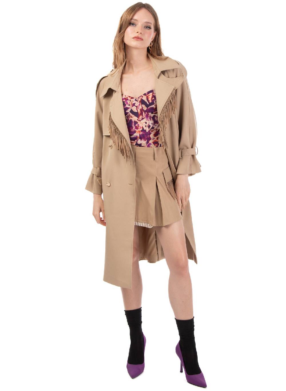 ﻿Le Volière Trench beige con frange in suede Spedizione Gratuita