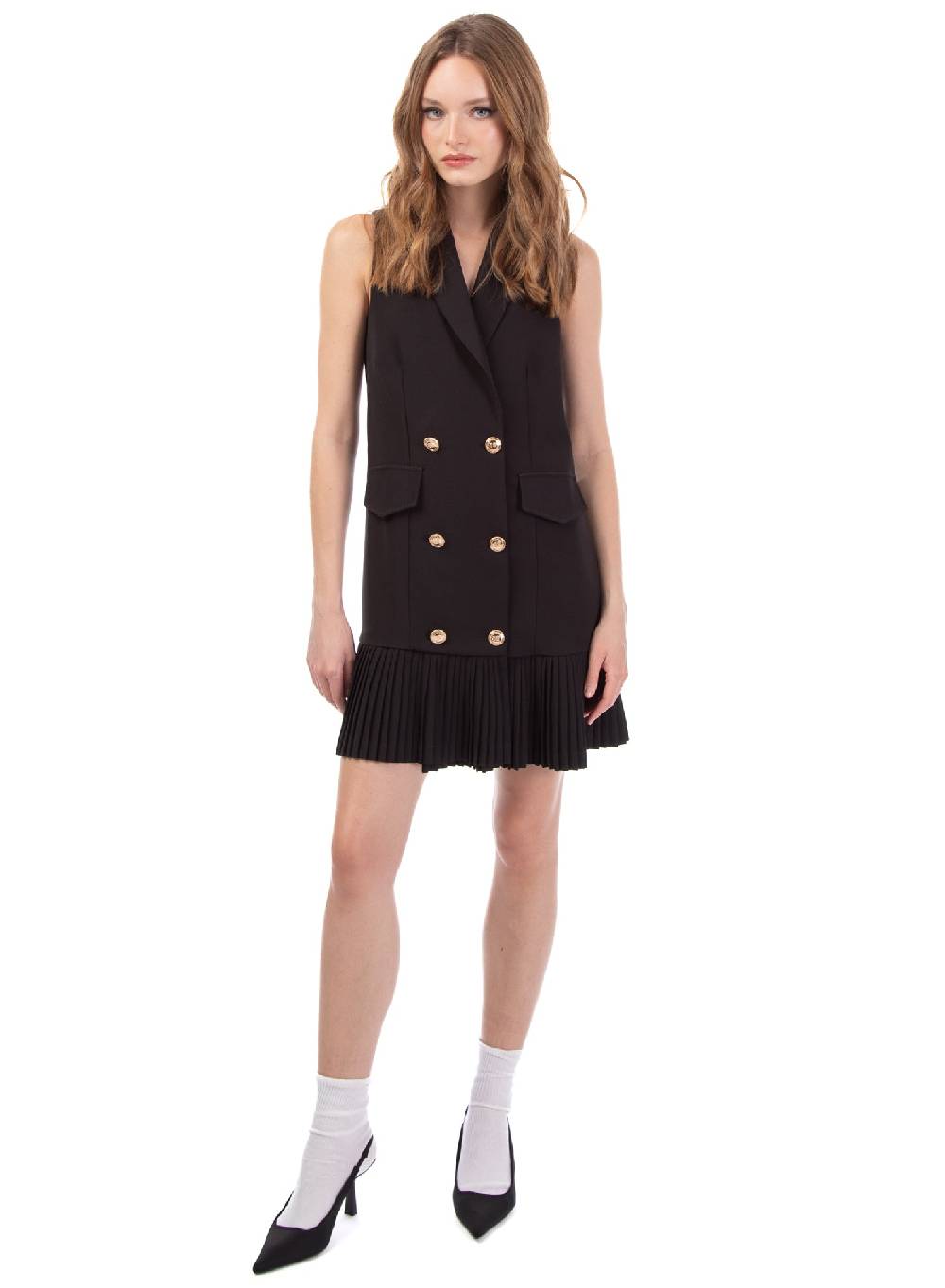 Le Volière Vestito blazer smanicato beige o nero con plissè Qualità Garantita