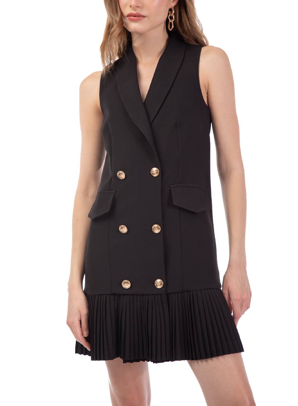 Le Volière Vestito blazer smanicato beige o nero con plissè Qualità Garantita