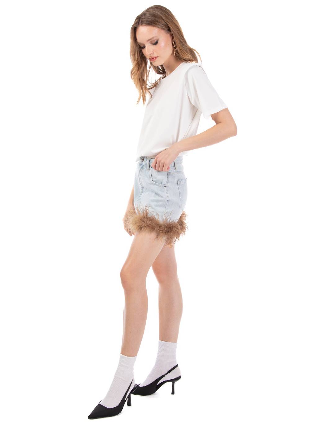 Le Volière Gonna in denim con piume beige Sottocosto