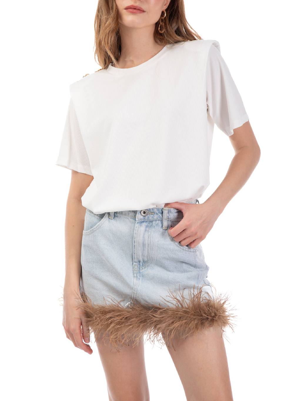 Le Volière Gonna in denim con piume beige Sottocosto