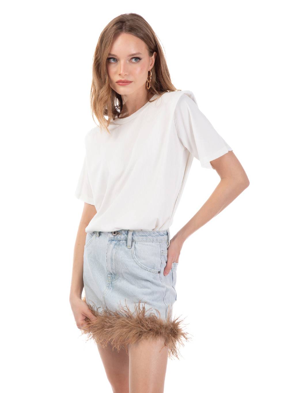 Le Volière Gonna in denim con piume beige Sottocosto
