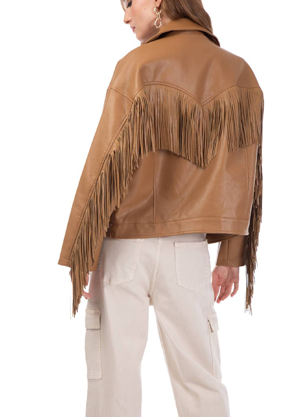 Le Volière Giacca oversize con frange in ecopelle beige Novità