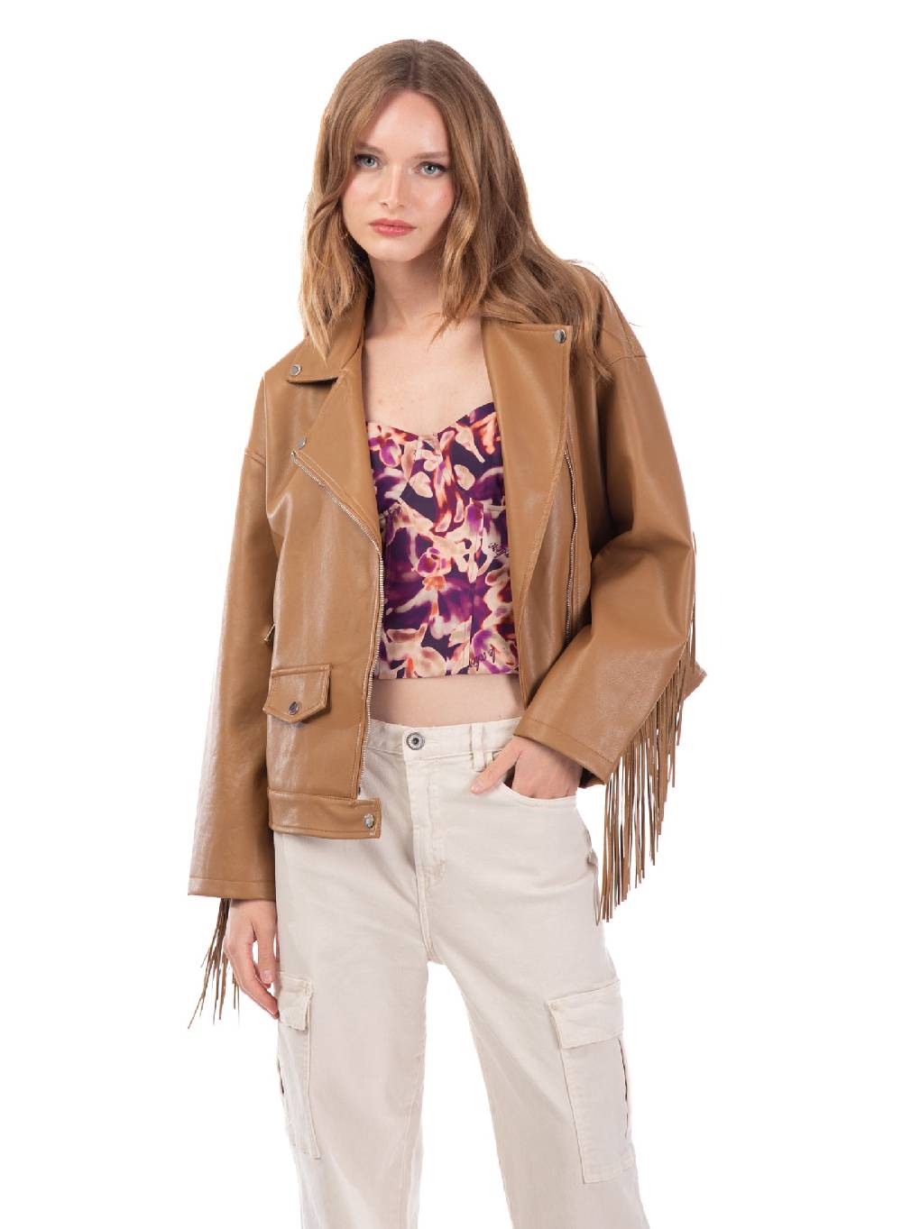 Le Volière Giacca oversize con frange in ecopelle beige Novità