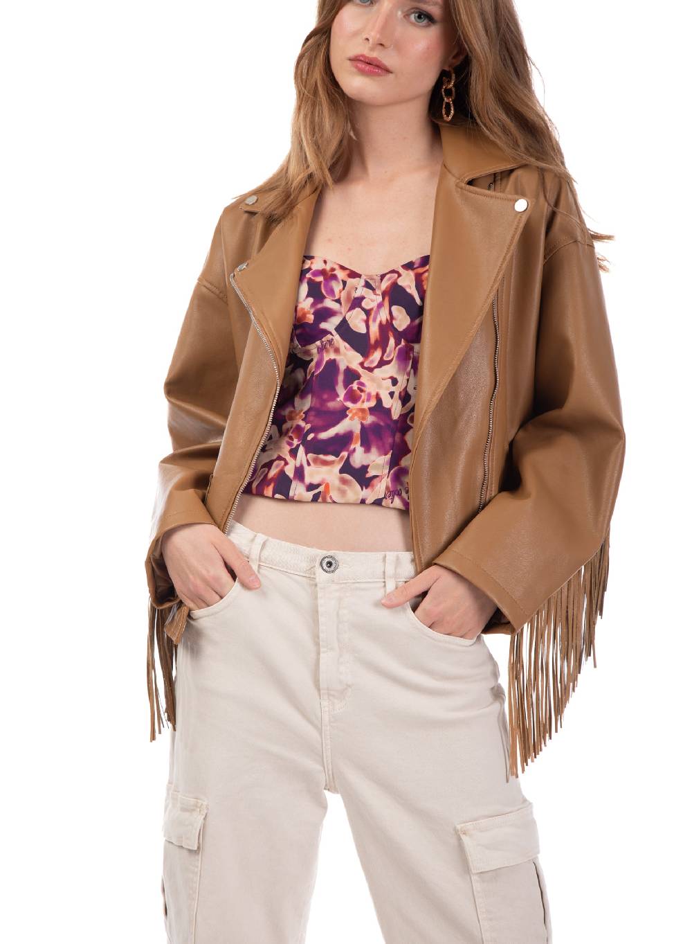 Le Volière Giacca oversize con frange in ecopelle beige Novità