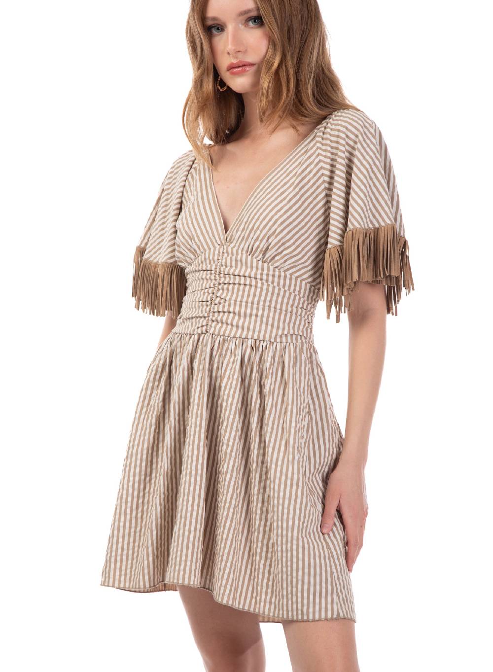 Le Volière Vestito bacchettato beige con frange Fino al 55% di sconto