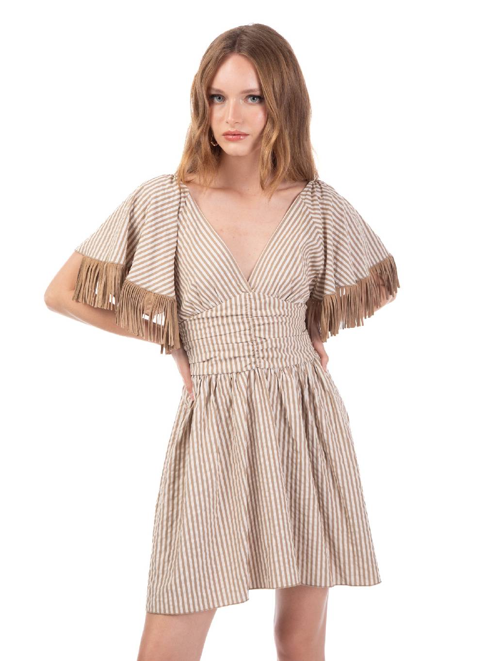 Le Volière Vestito bacchettato beige con frange Fino al 55% di sconto