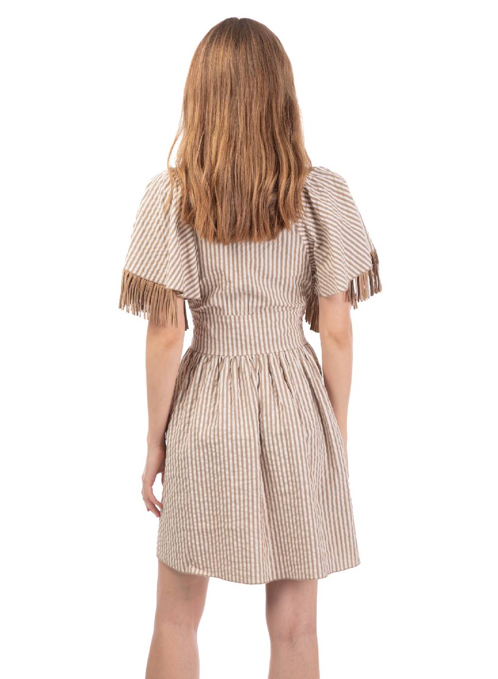 Le Volière Vestito bacchettato beige con frange Fino al 55% di sconto