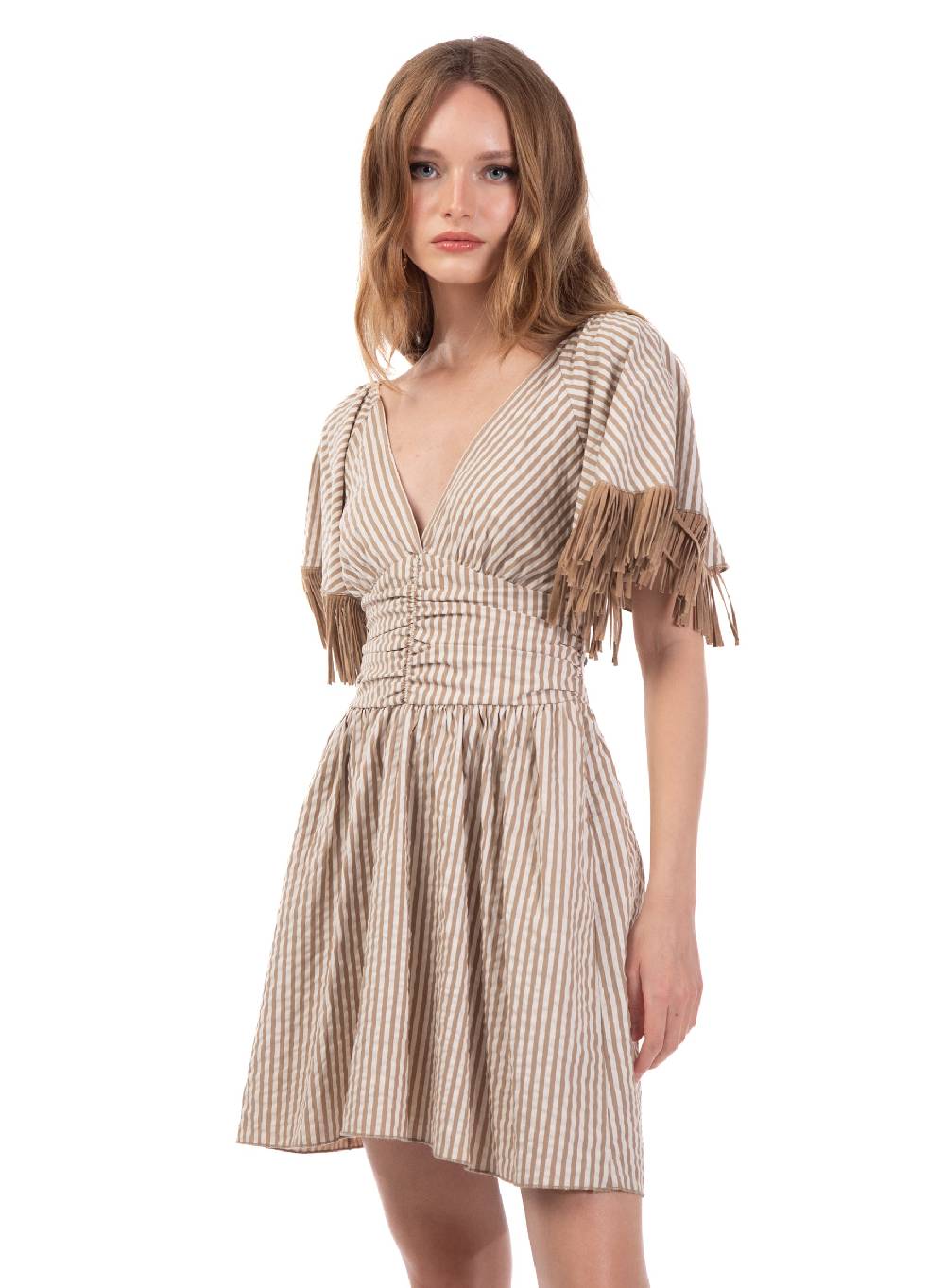 Le Volière Vestito bacchettato beige con frange Fino al 55% di sconto