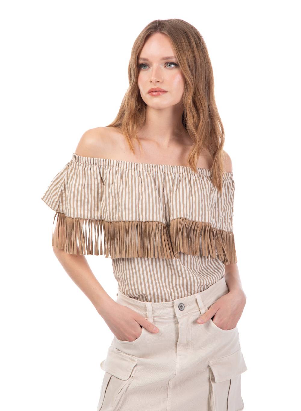 Le Volière Top bacchettato beige con frange Offerta