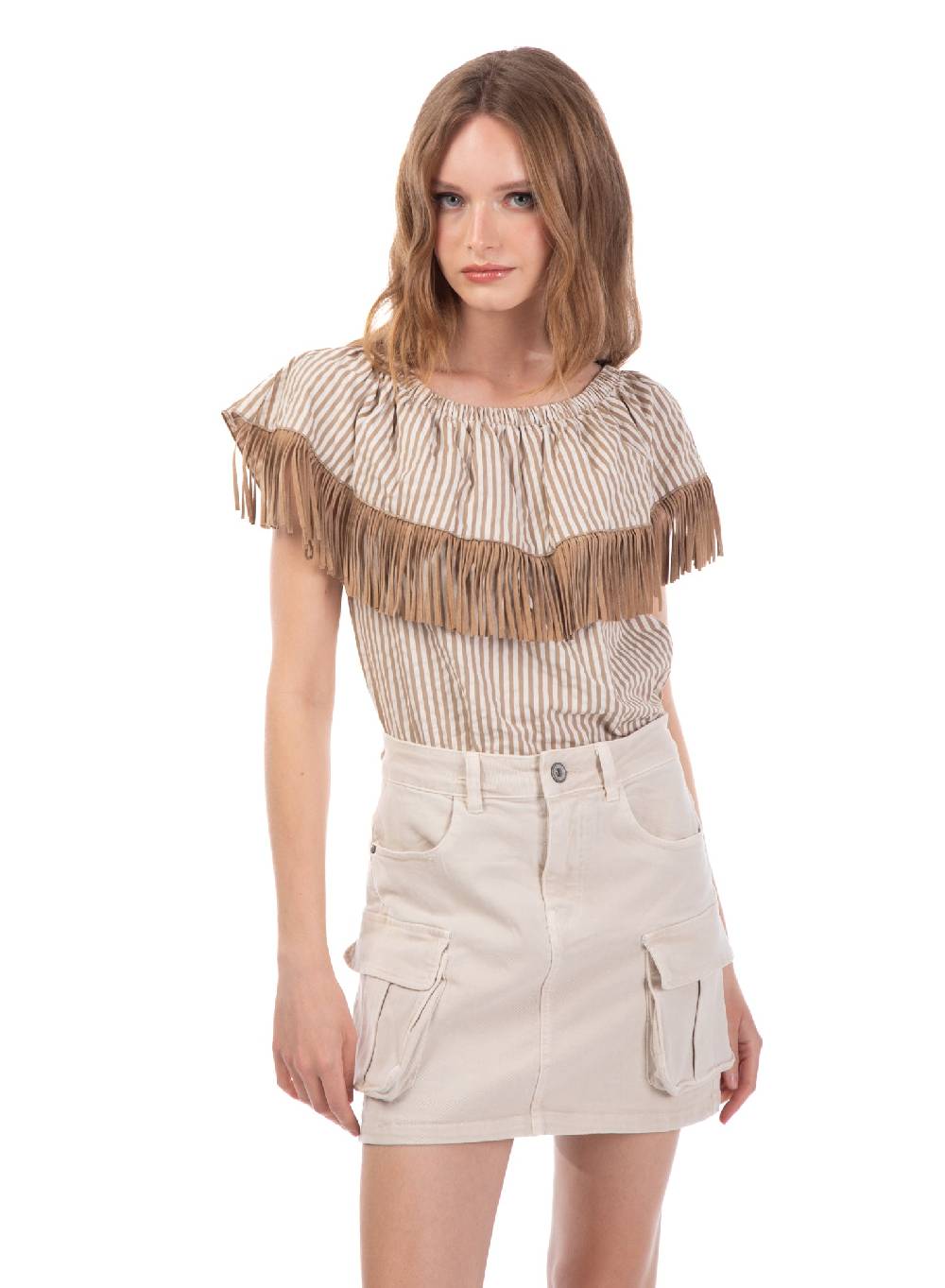 Le Volière Top bacchettato beige con frange Offerta