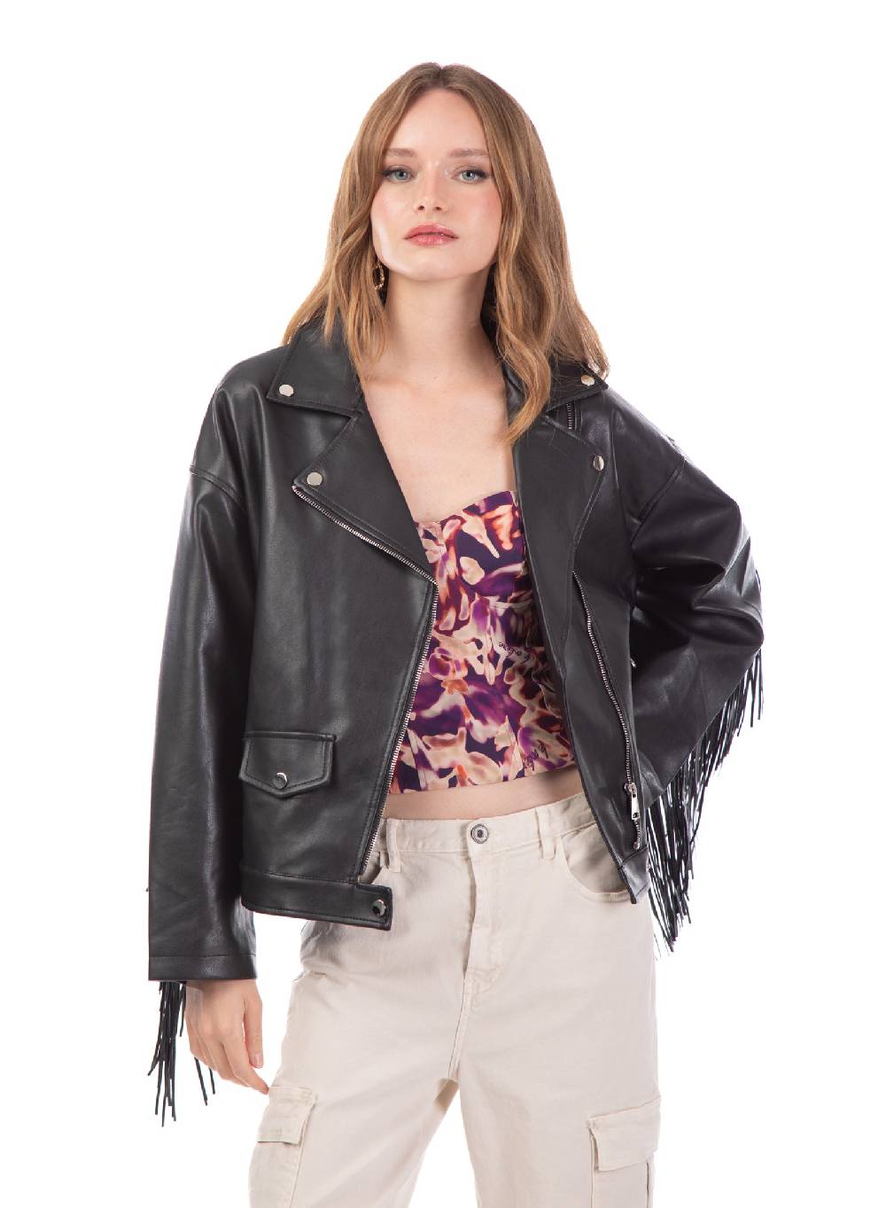 Le Volière Giacca oversize in ecopelle nera con frange Online