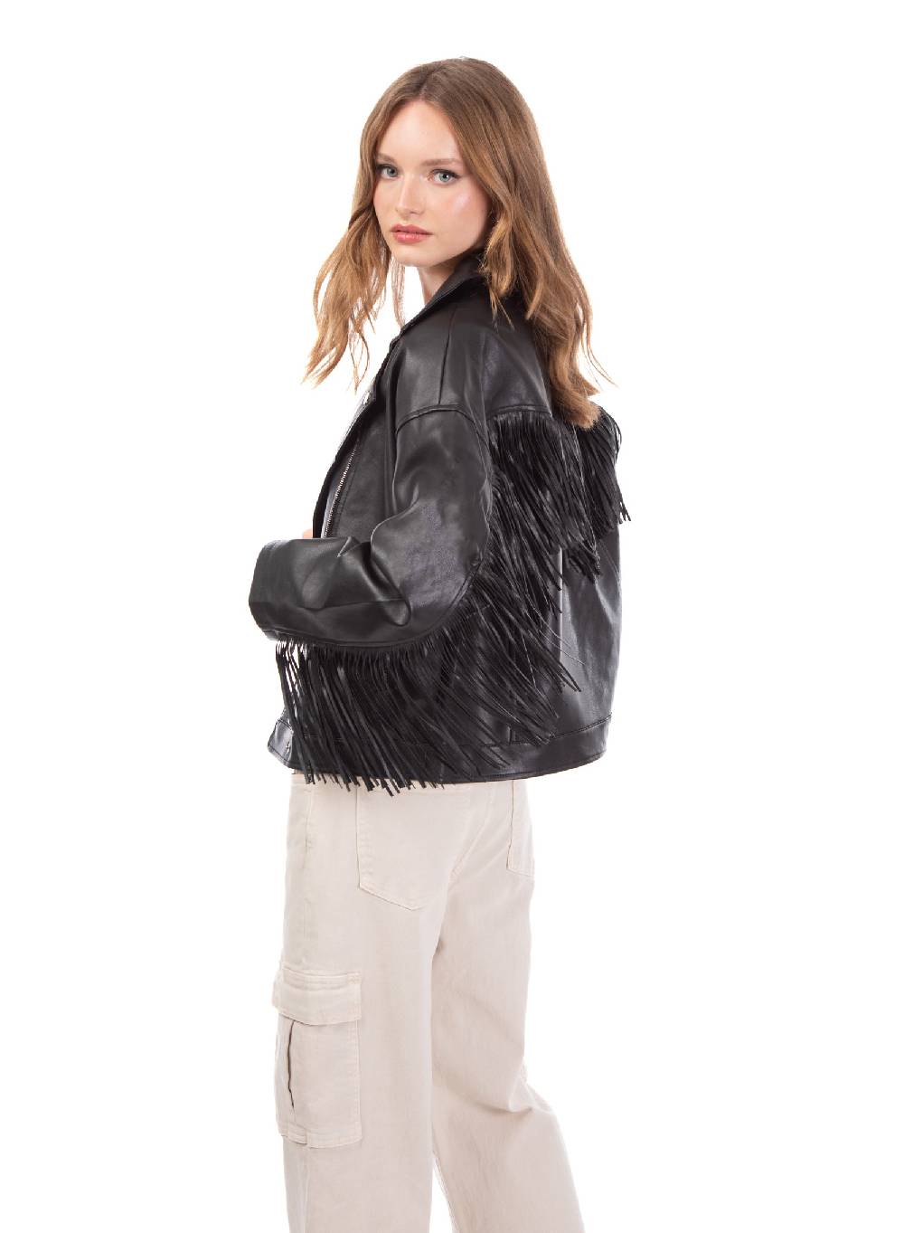 Le Volière Giacca oversize in ecopelle nera con frange Online