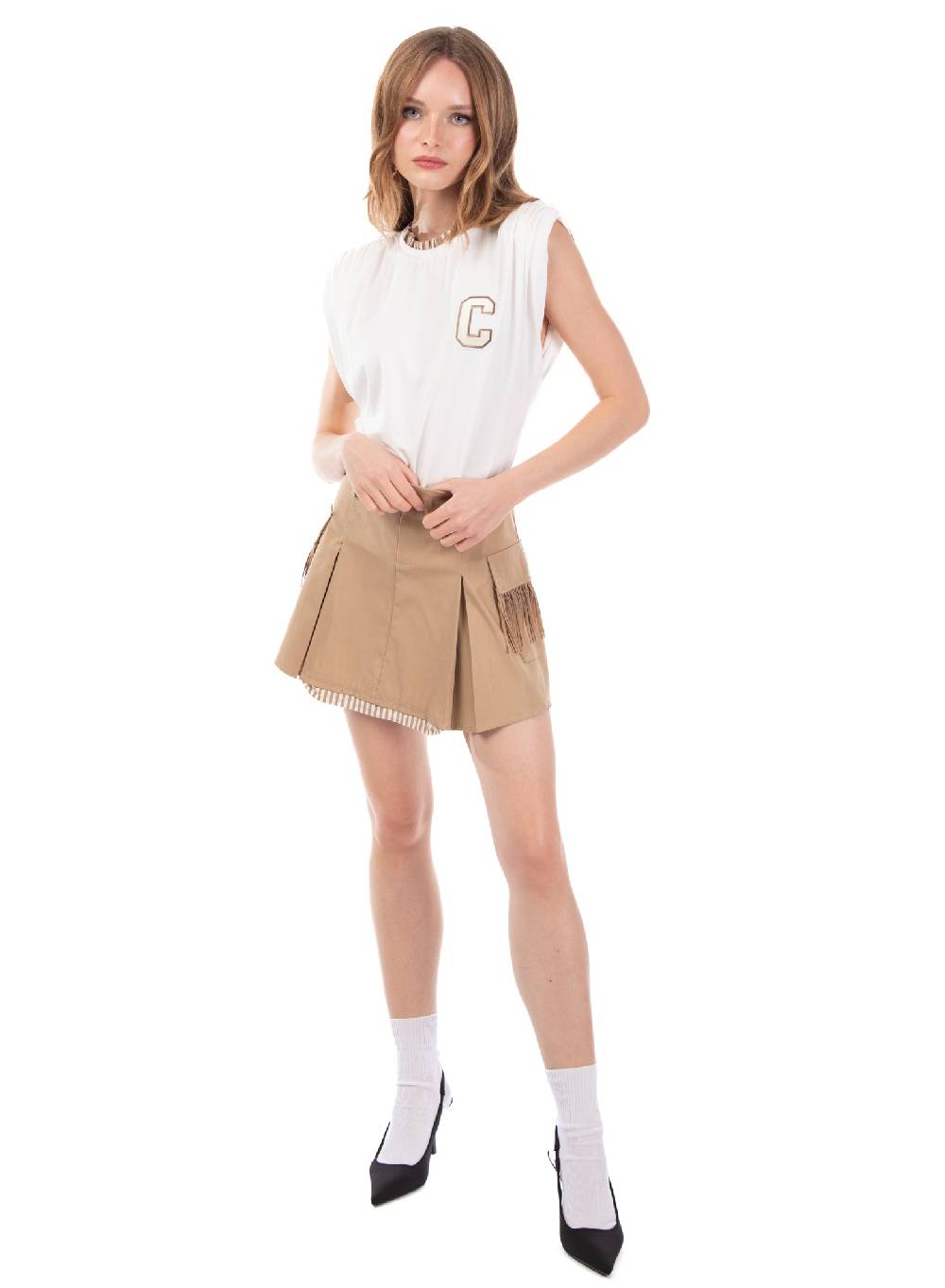 Le Volière T-shirt bianca con spalline arricciate Outlet