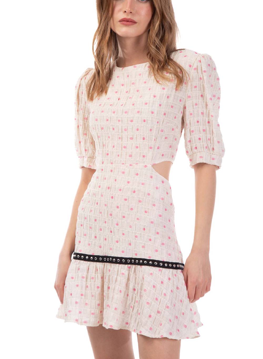 Le Volière Vestito crepon avorio con pois rosa In Vendita