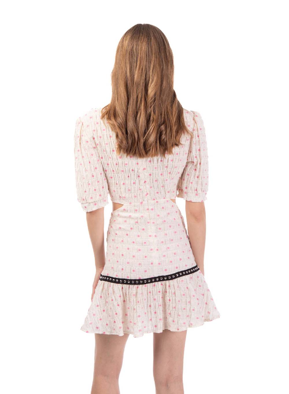 Le Volière Vestito crepon avorio con pois rosa In Vendita