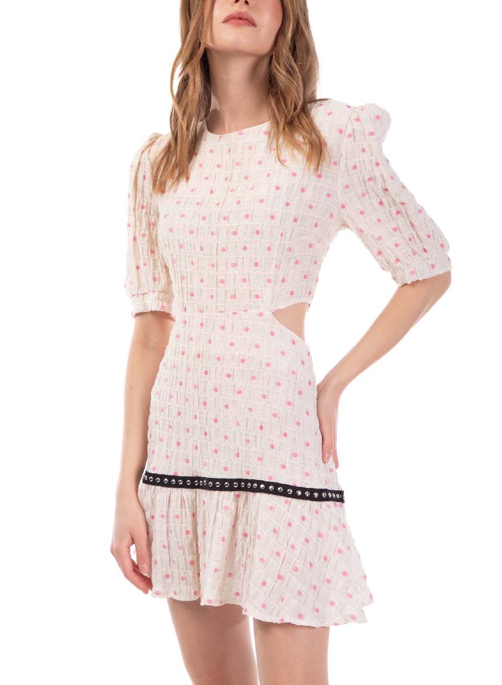 Le Volière Vestito crepon avorio con pois rosa In Vendita