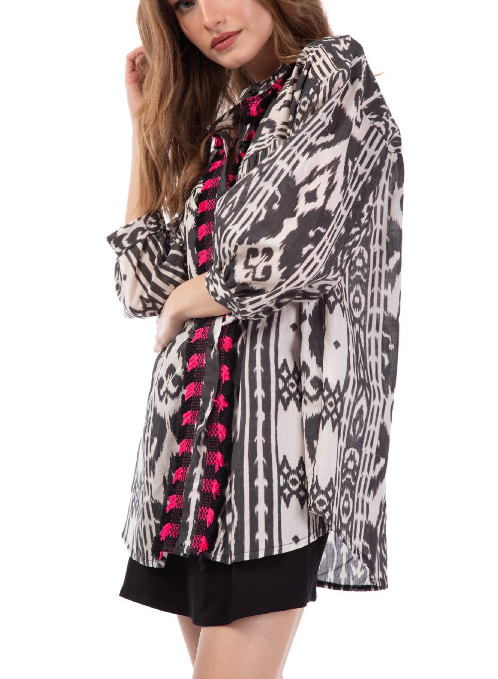 Le Volière Camicia oversize etnica con frange Saldi Di Fabbrica