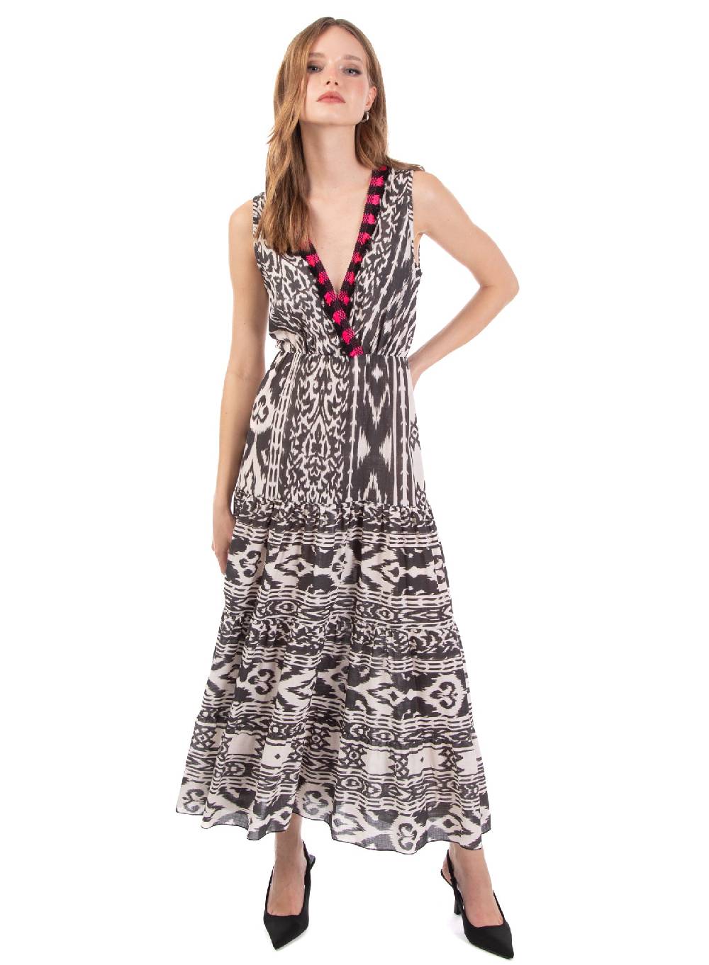Le Volière Vestito lungo etnico con frange Vendite Flash