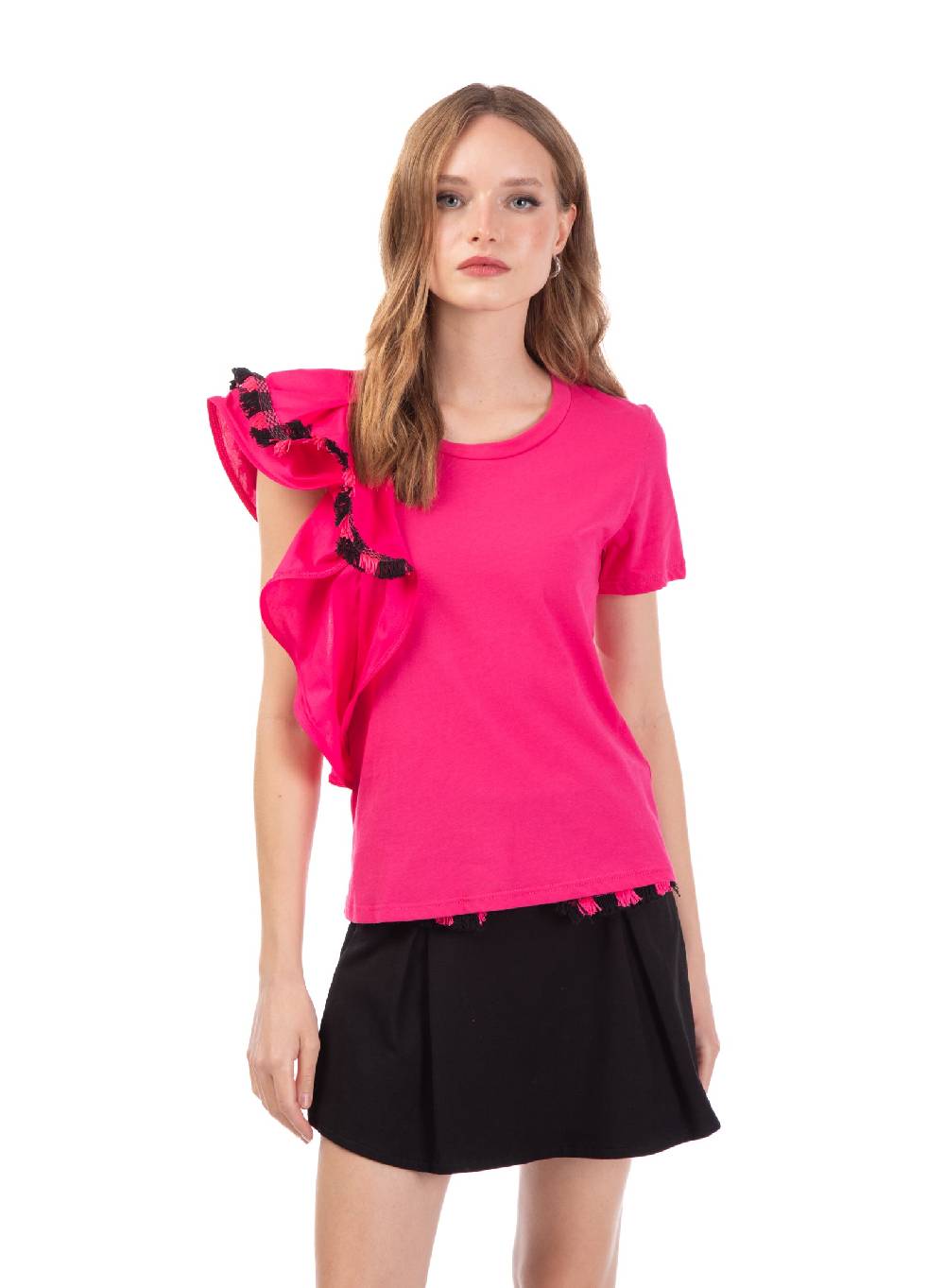 Le Volière T-shirt fucsia con volant e frange Negozio