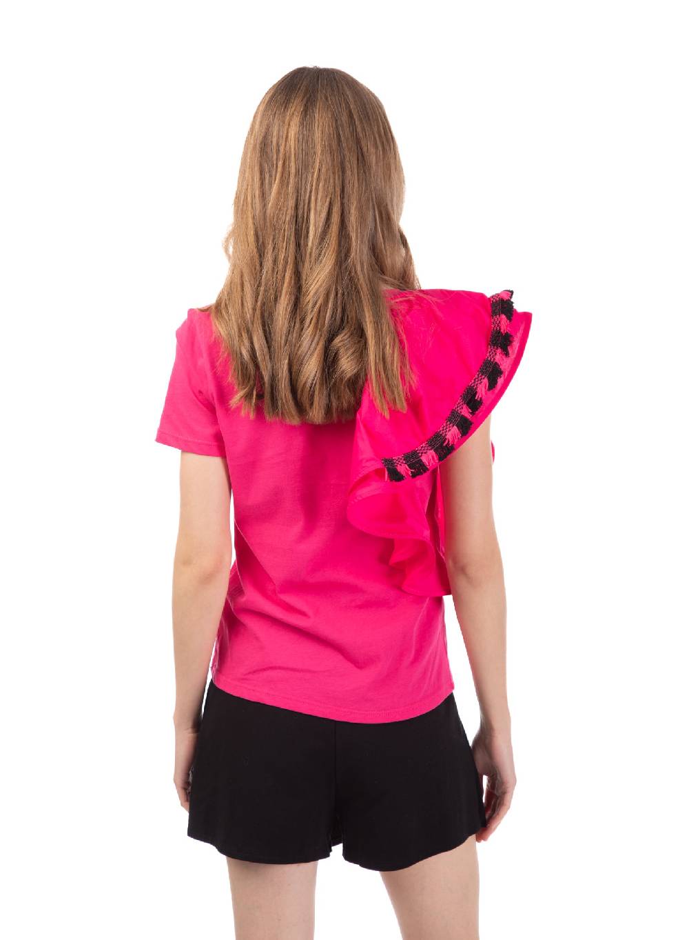 Le Volière T-shirt fucsia con volant e frange Negozio