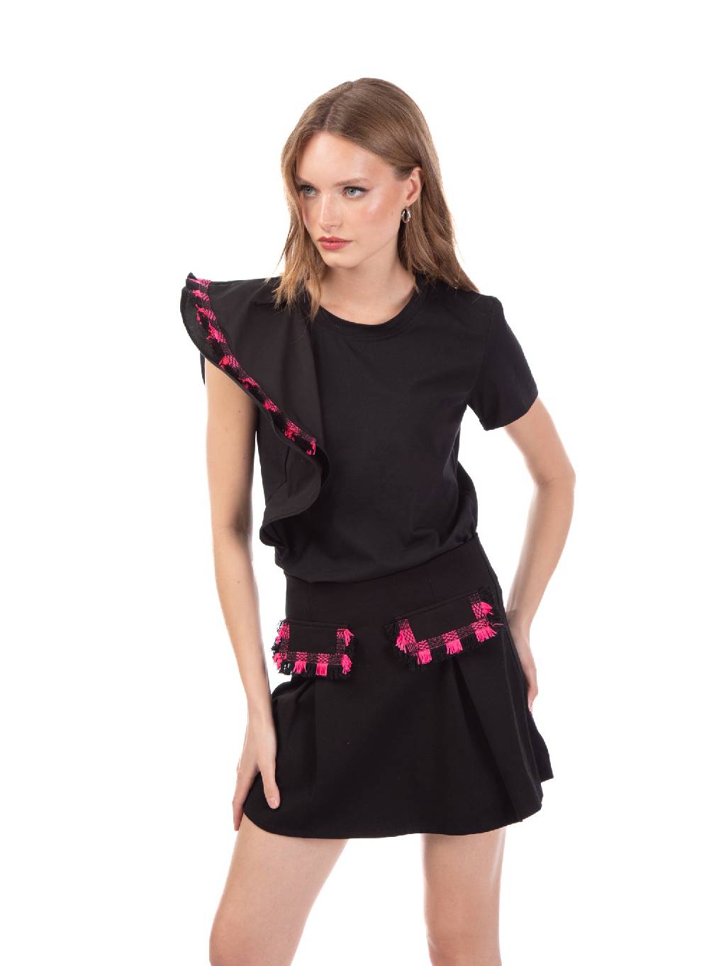 Le Volière T-shirt nera con volant e frange Nuova