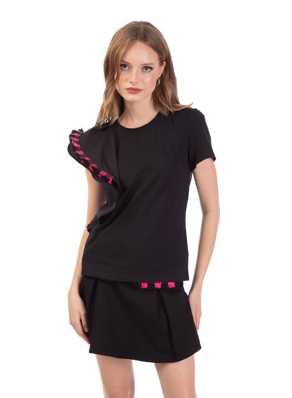 Le Volière T-shirt nera con volant e frange Nuova