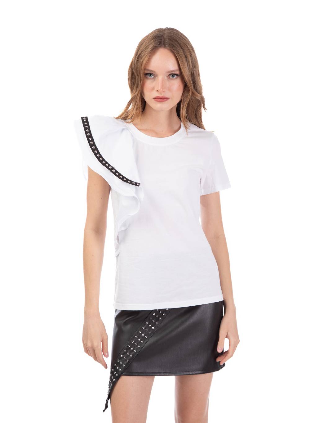 Le Volière T-shirt bianca con volant e borchie Italia