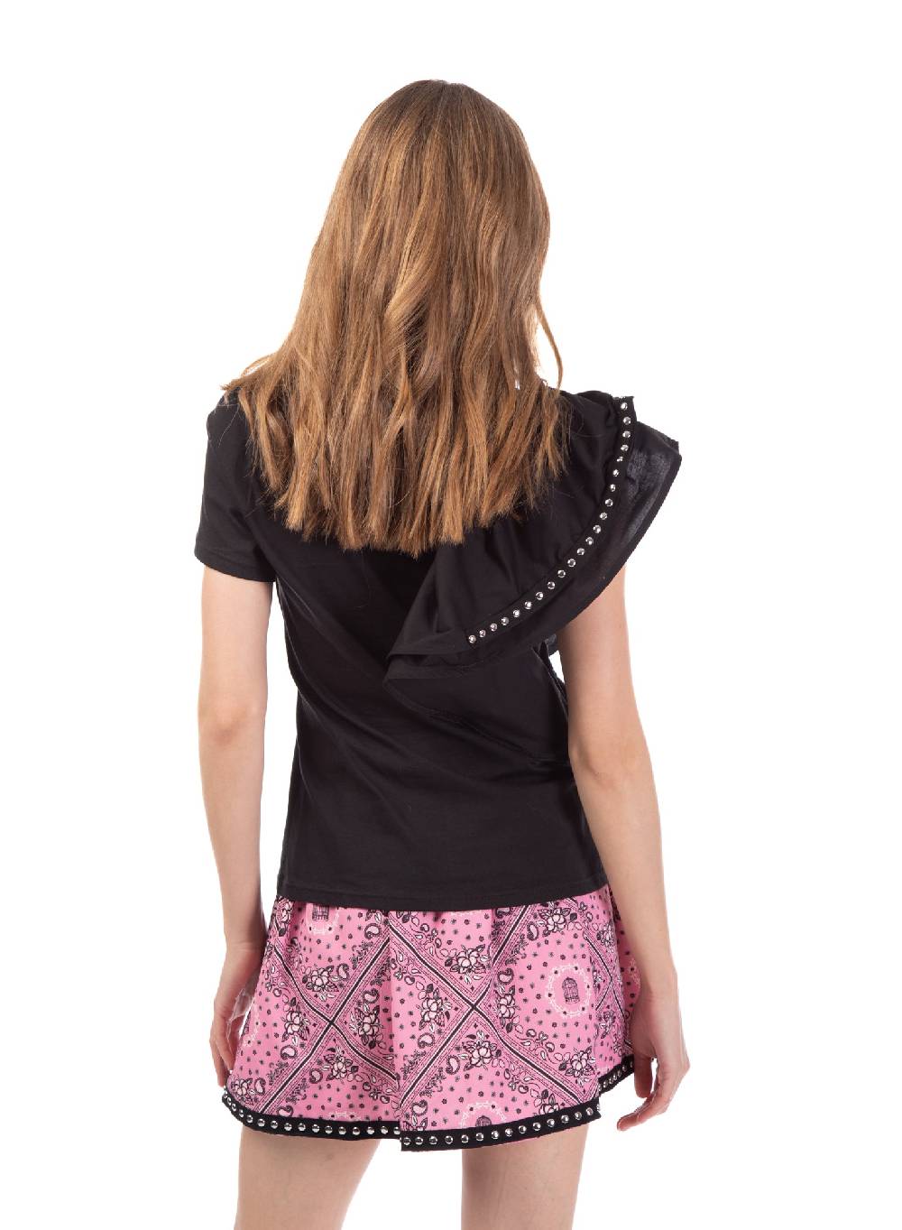 Le Volière T-shirt nera con volant e borchie In Linea