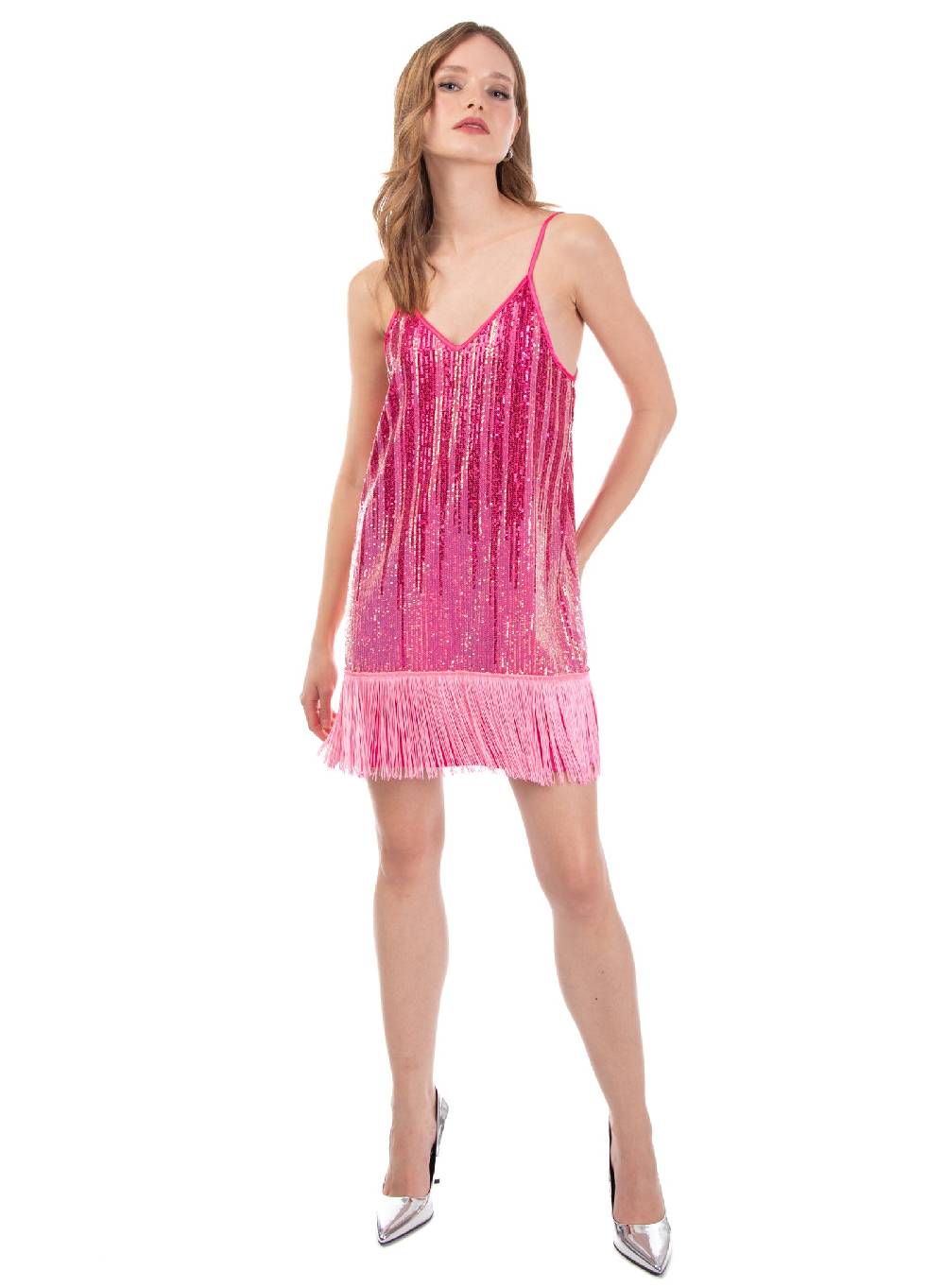 Le Volière Vestito di paillettes degradè con frange Fino Al -60%