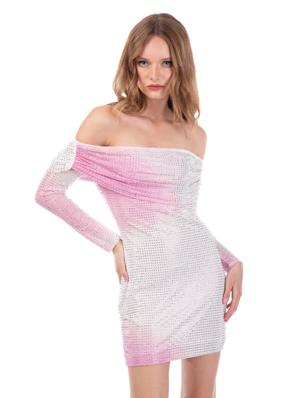 Le Volière Vestito bianco e rosa con strass argento Economico
