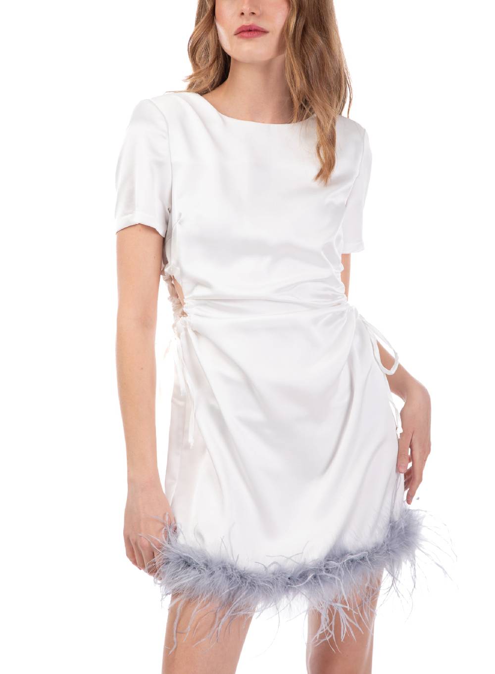 Le Volière Vestito scivolato bianco con fori e piume Offerte