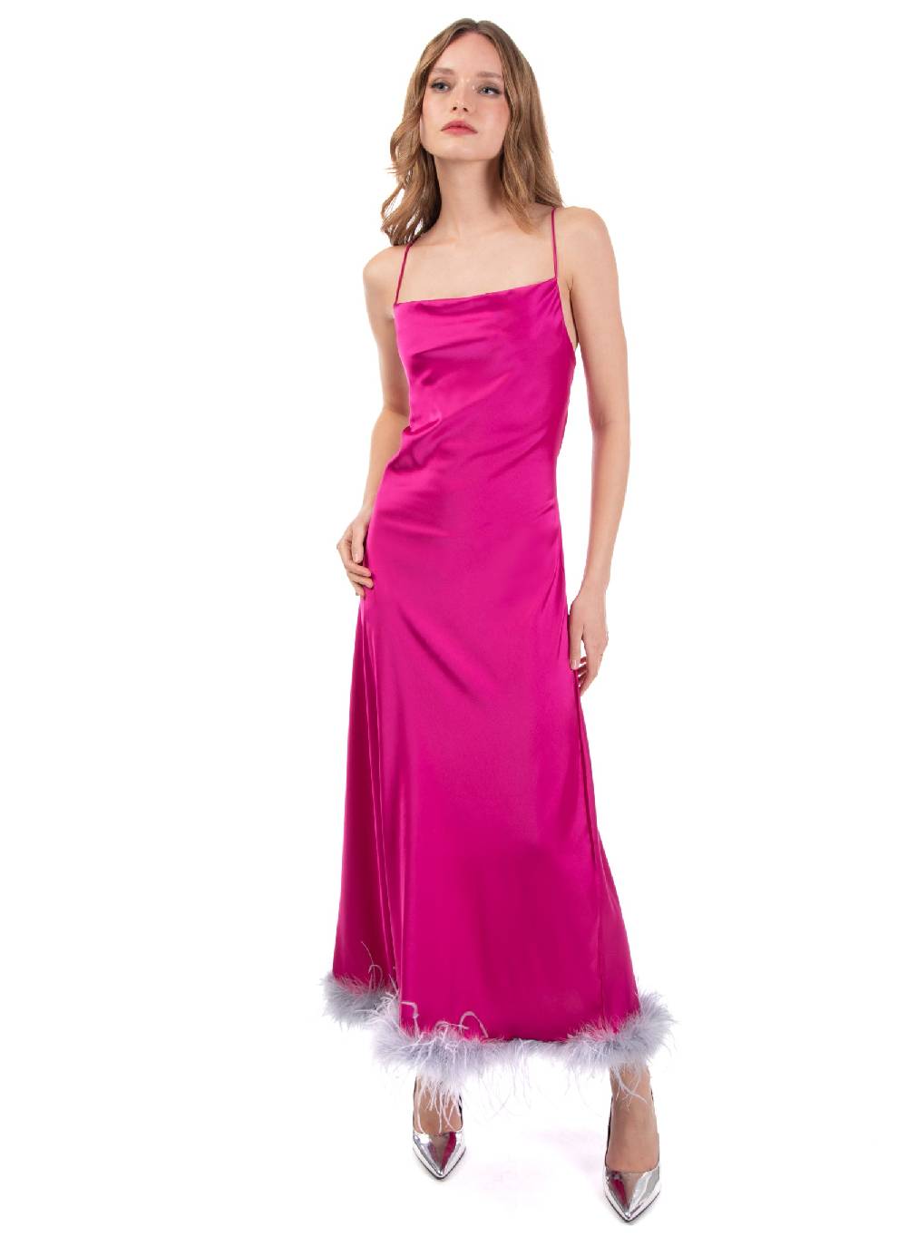Le Volière Vestito slip dress lungo fucsia con piume Online