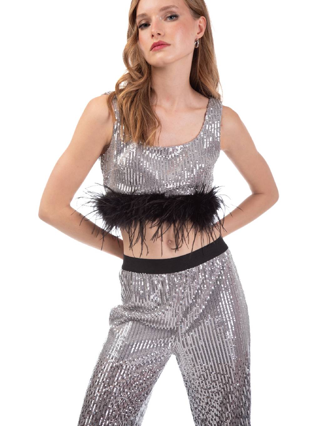Le Volière Pantalone di paillettes argento degradè In Vendita