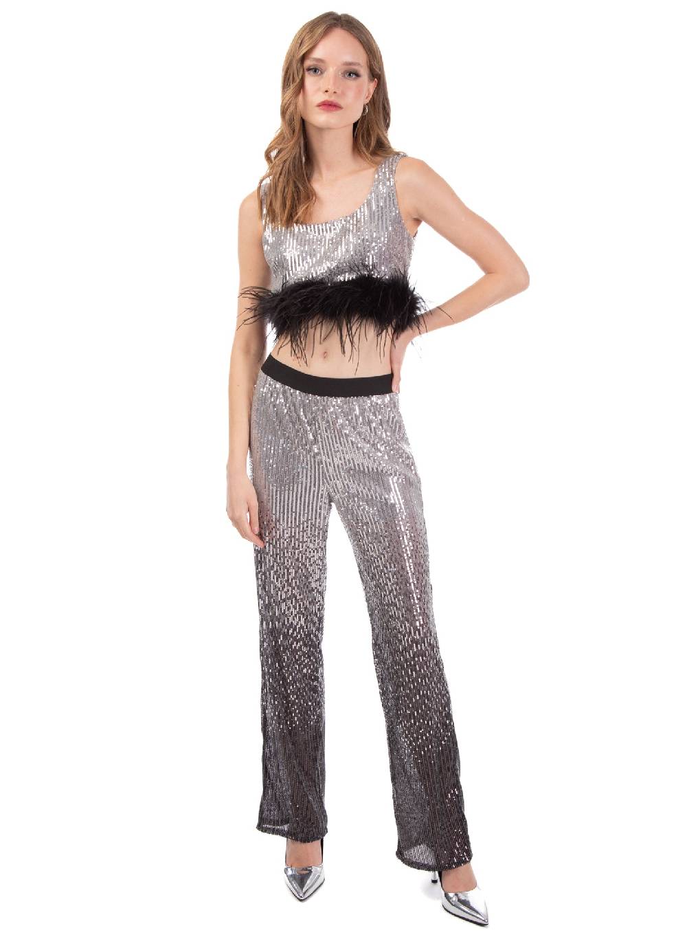 Le Volière Top di paillettes argento con piume Saldi