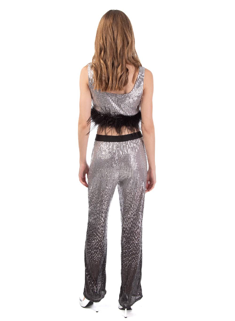 Le Volière Top di paillettes argento con piume Saldi