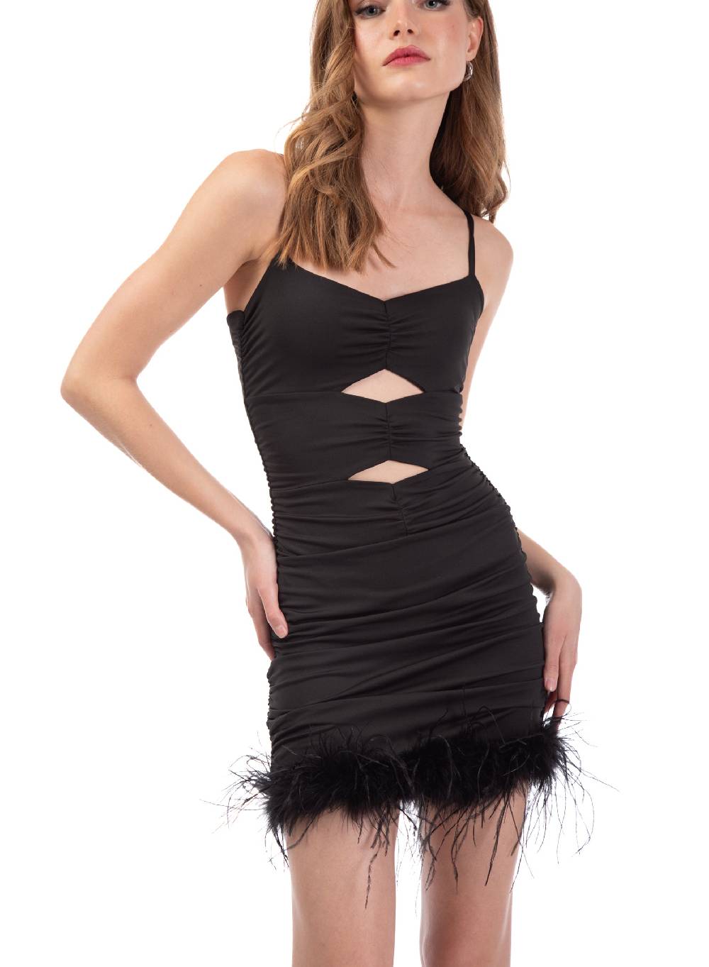 Le Volière Vestito elasticizzato nero con piume Vendita Economica