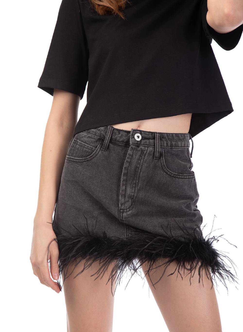 Le Volière gonna in denim grigia con piume Saldi Di Fabbrica