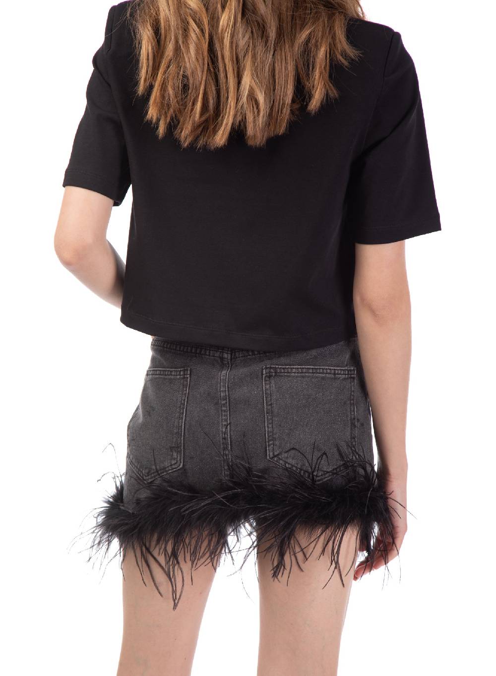 Le Volière gonna in denim grigia con piume Saldi Di Fabbrica