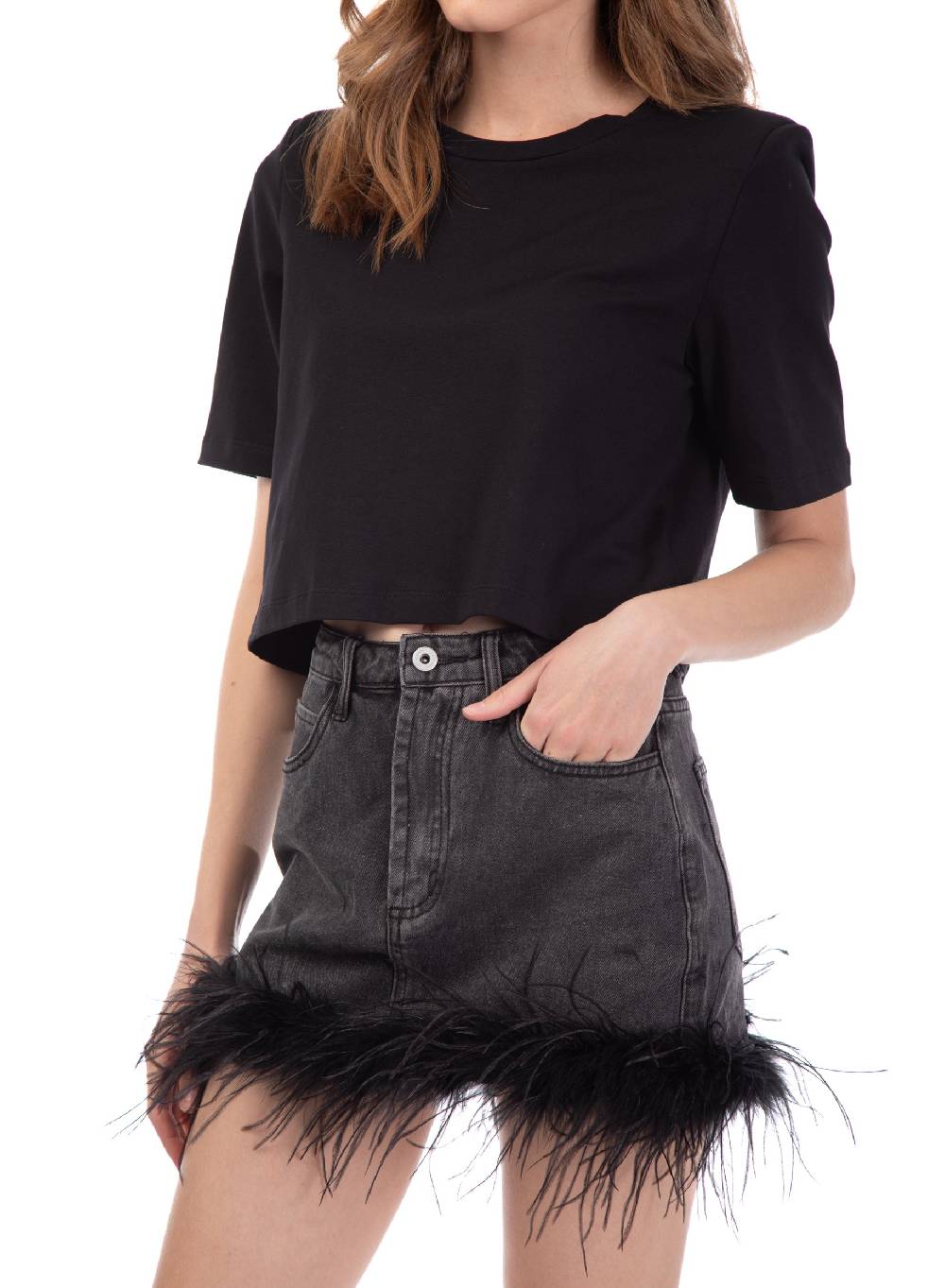 Le Volière gonna in denim grigia con piume Saldi Di Fabbrica