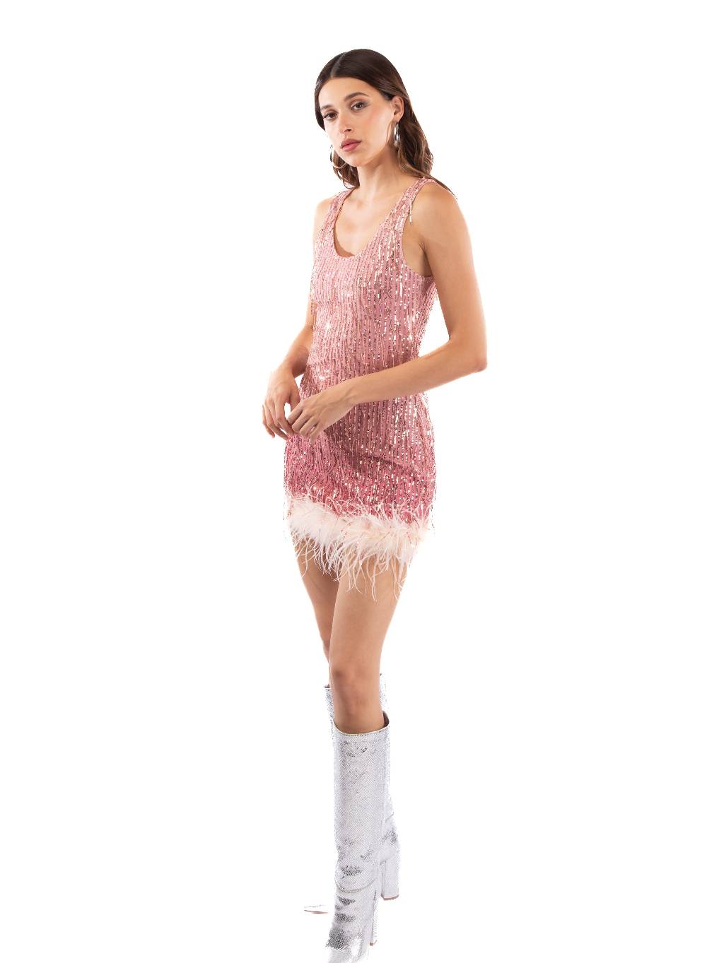 Le Volière DAISY Vestito rosa di paillettes con piume Nuova