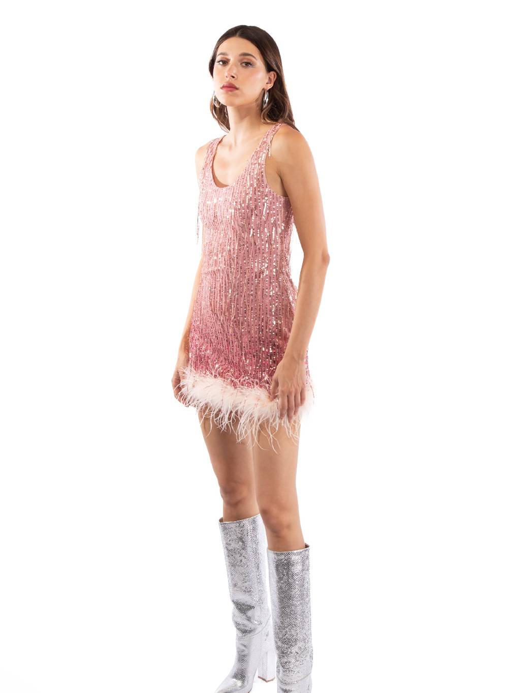 Le Volière DAISY Vestito rosa di paillettes con piume Nuova