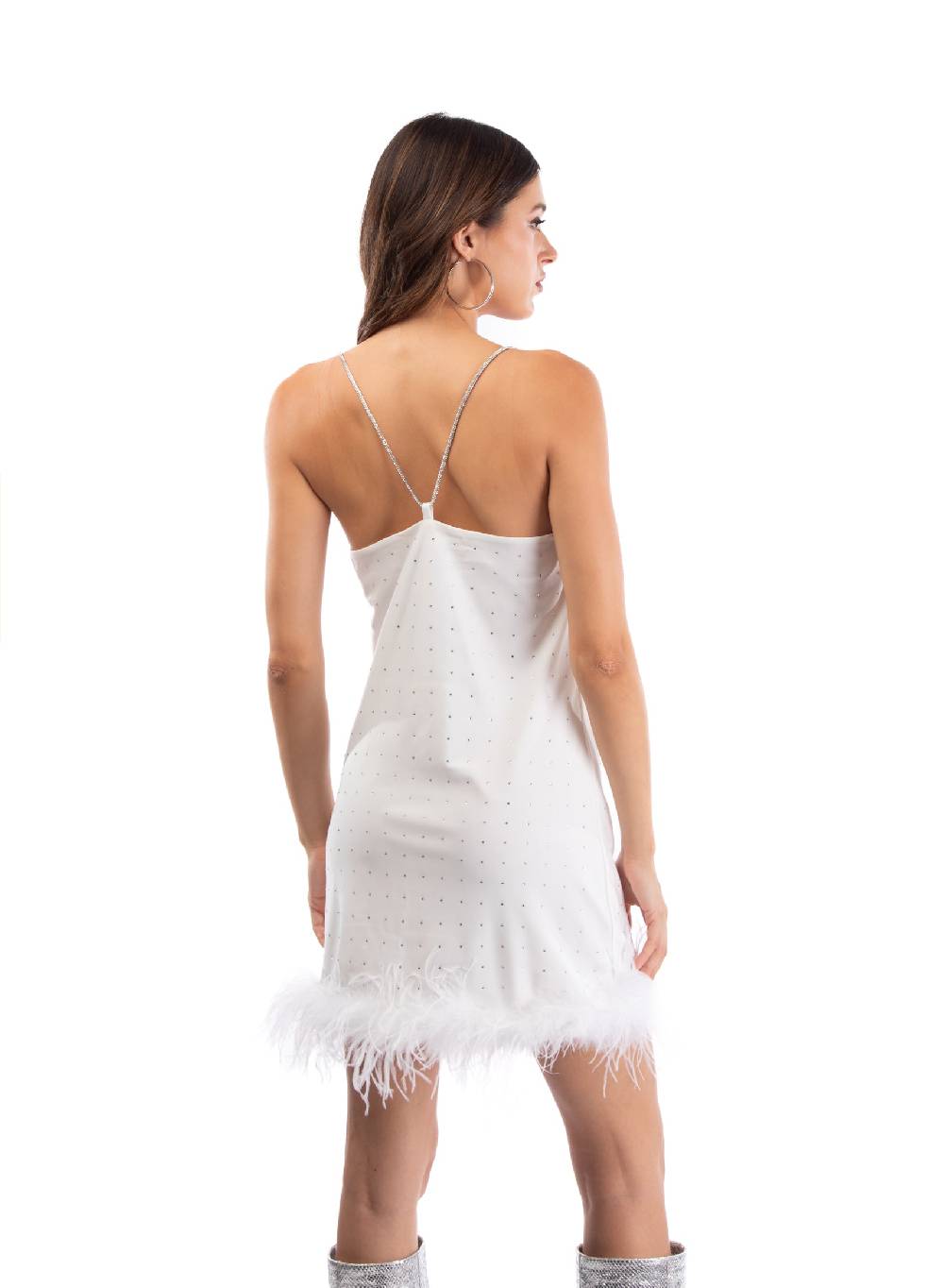 Le Volière LAUREN Vestito bianco con strass e piume bianche Offerta speciale