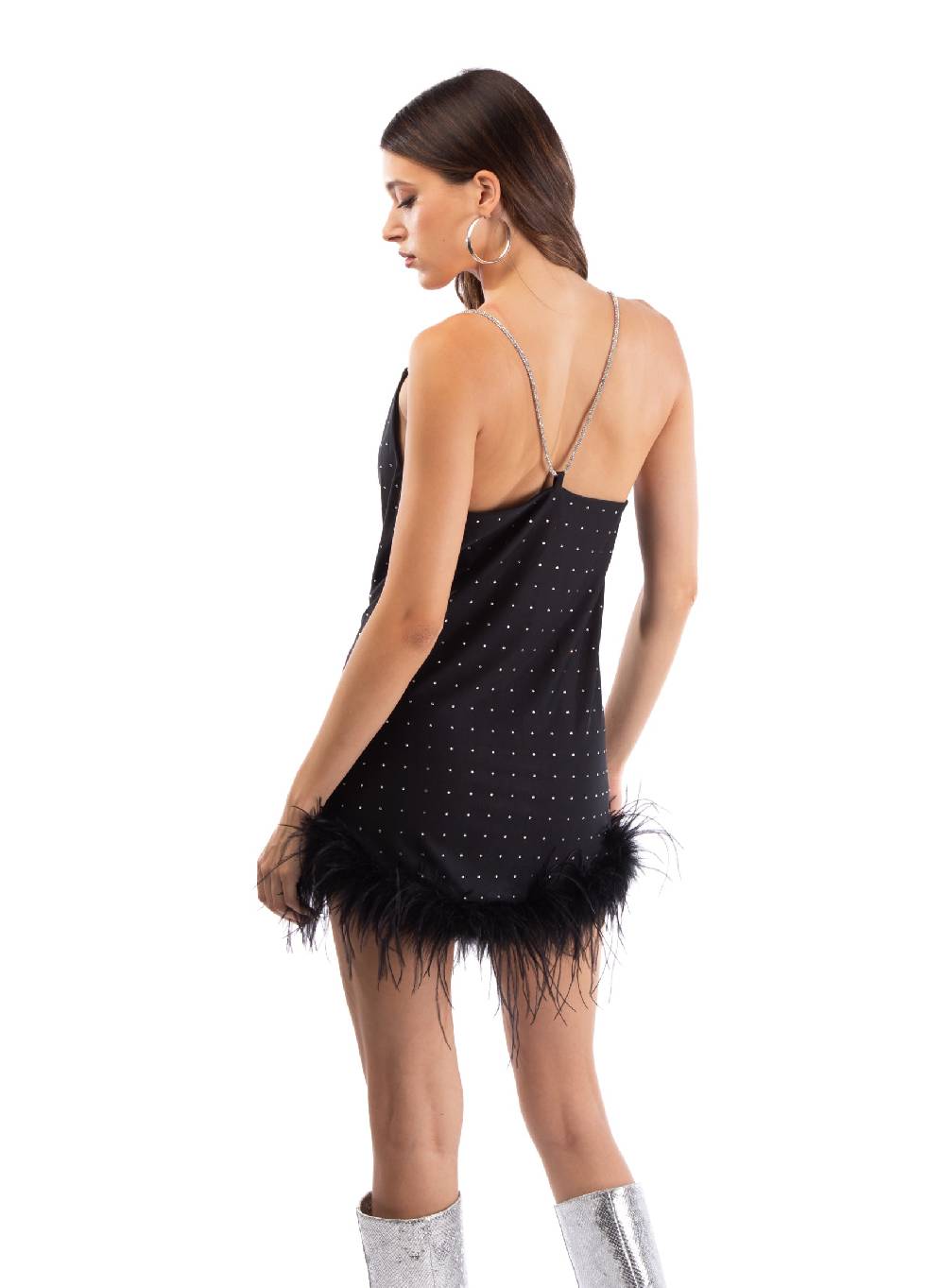 Le Volière LAUREN Vestito nero con strass e piume nere Italy