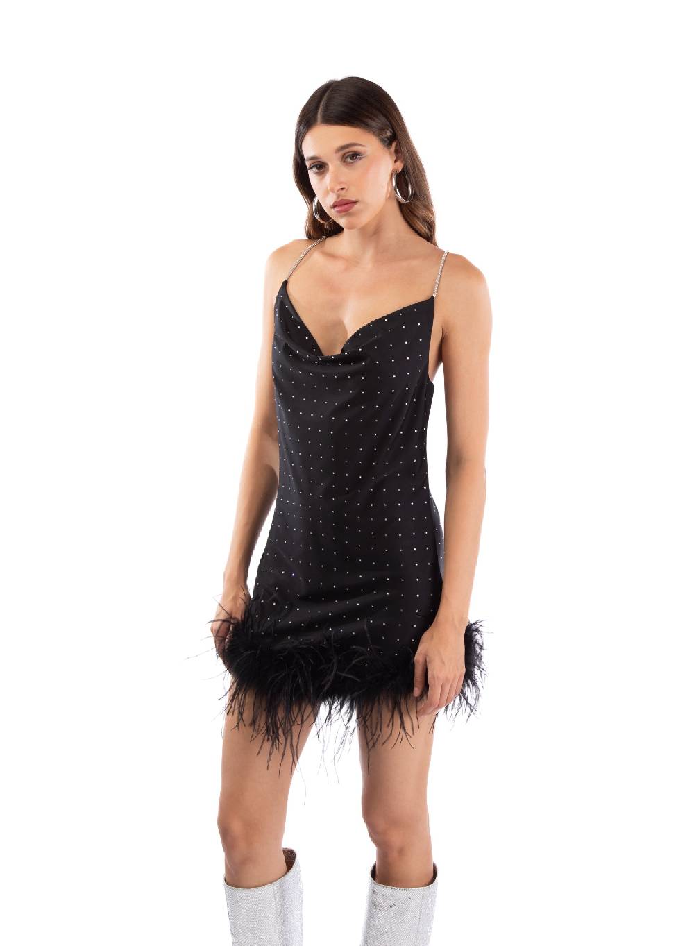 Le Volière LAUREN Vestito nero con strass e piume nere Italy