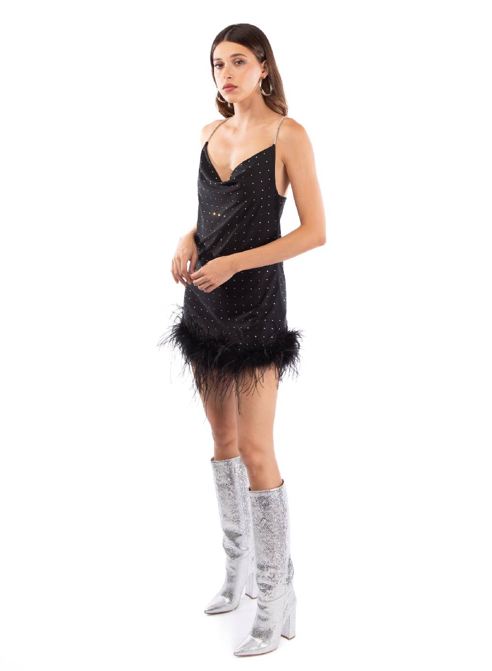 Le Volière LAUREN Vestito nero con strass e piume nere Italy