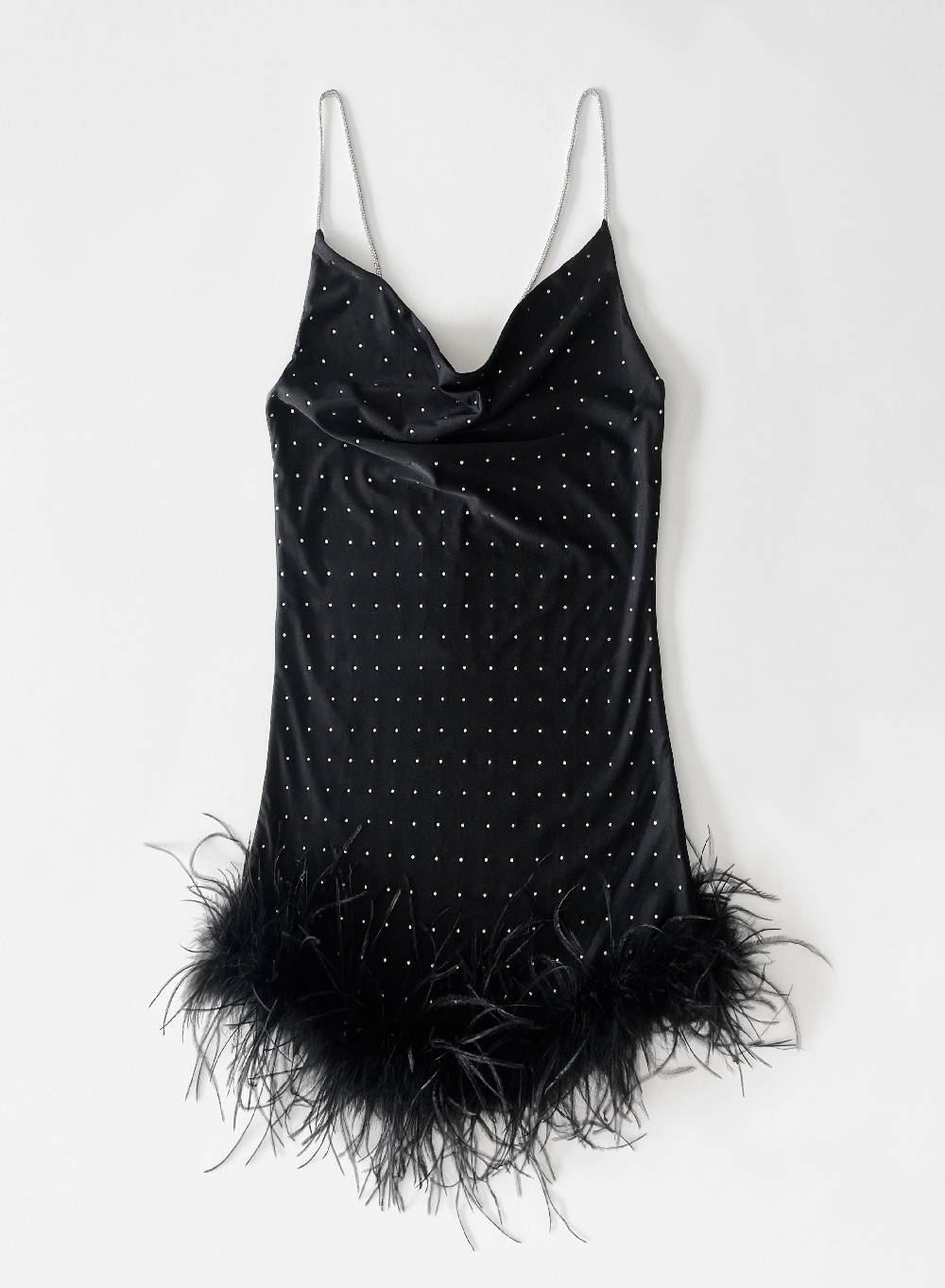 Le Volière LAUREN Vestito nero con strass e piume nere Italy